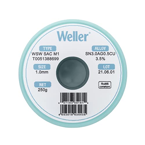 Weller WSW SAC M1 (T0051388699) Lead Free Solder Wire, Dia: 1.0 mm / 0.039 in, Wt: 250 g / 8.818 oz, Alloy Sn96.5Ag3.0Cu0.5, Flux content 3.5% - Image 2