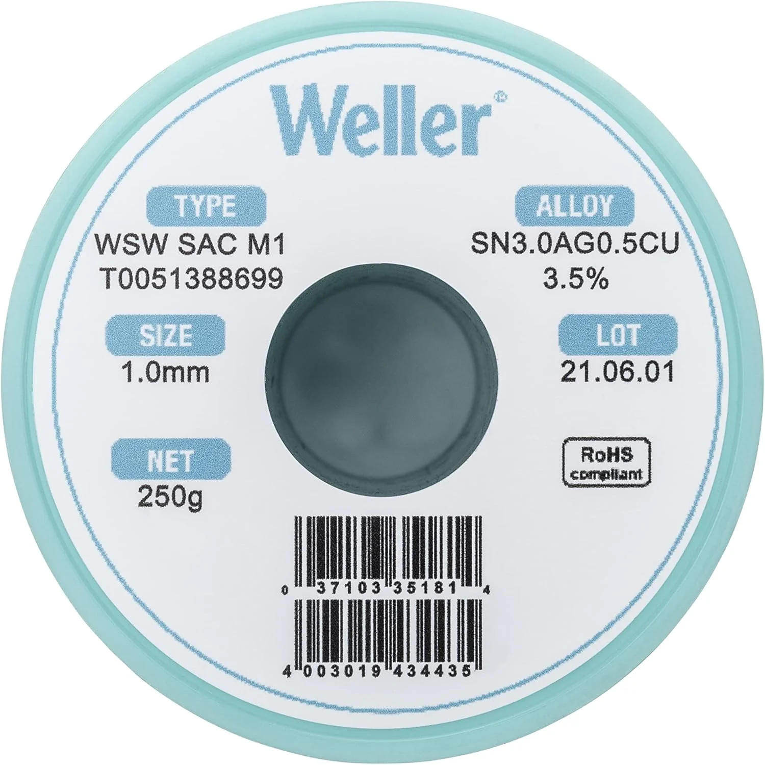 Weller T0051402499 WSW SAC M1 Lead Free Solder Wire, Dia: 1.0 mm / 0.039 in, Wt: 100 g / 3.527 oz, Alloy Sn96.5Ag3.0Cu0.5, Flux content 3.5% Halide Flux - Image 2