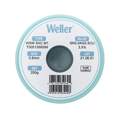 Weller WSW SAC M1 (T0051402599) Lead Free Solder Wire, Dia: 0.8 mm / 0.039 in, Wt: 100 g / 3.527 oz, Alloy Sn96.5Ag3.0Cu0.5, Flux content 3.5% - Image 2