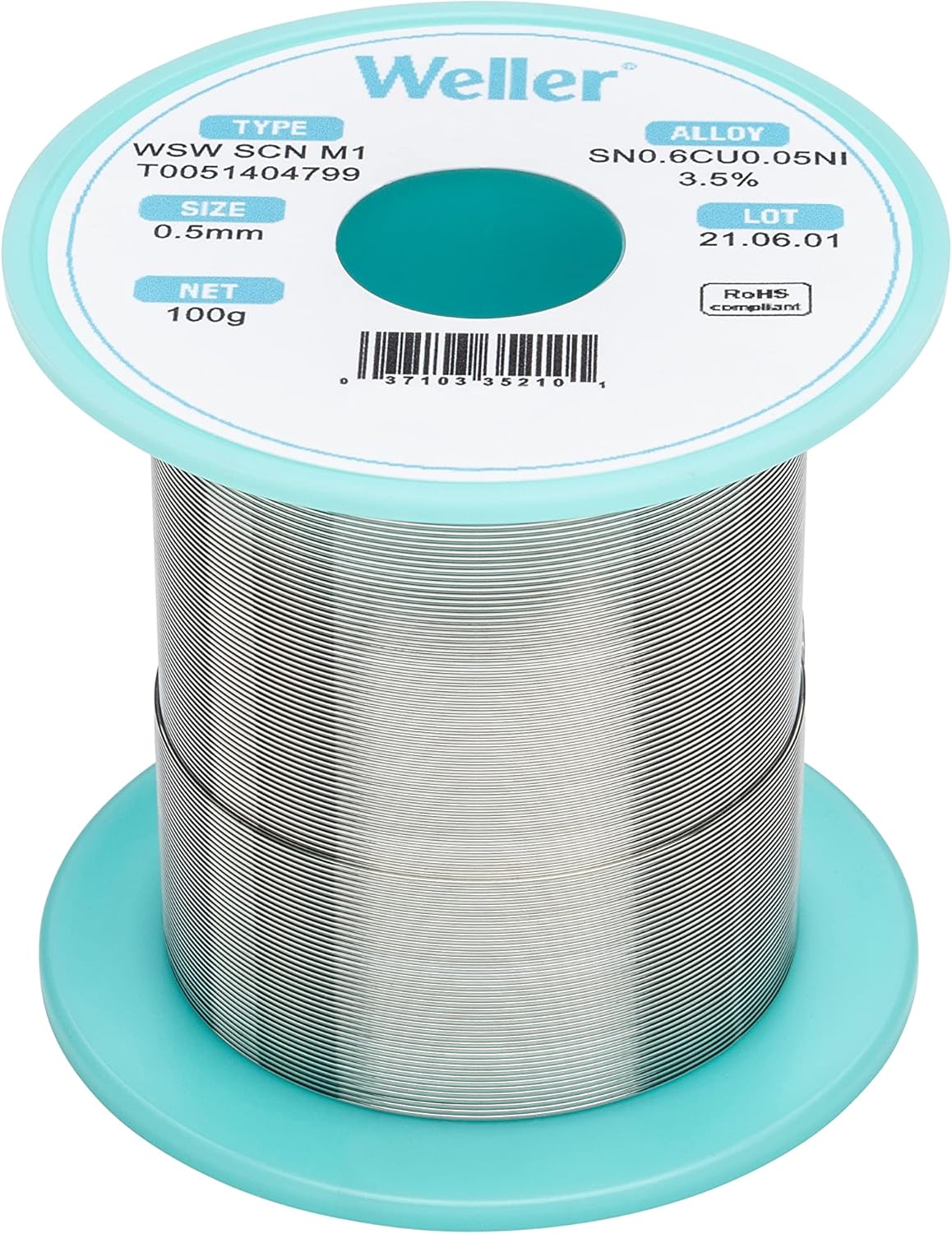 Weller WSW SCN M1 (T0051404799) Solder Wire, Dia: 0.5 mm / 0.020 in, Wt: 100 g / 3.527 oz, Alloy Sn99.3Cu0.6Ni0.05, Flux content 3.5%