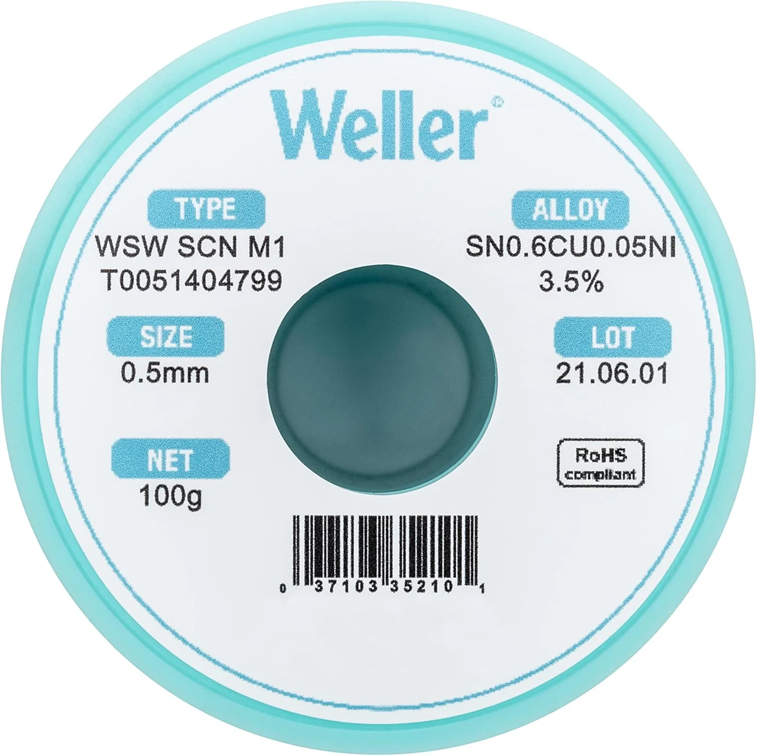 Weller WSW SCN M1 (T0051404799) Solder Wire, Dia: 0.5 mm / 0.020 in, Wt: 100 g / 3.527 oz, Alloy Sn99.3Cu0.6Ni0.05, Flux content 3.5% - Image 2
