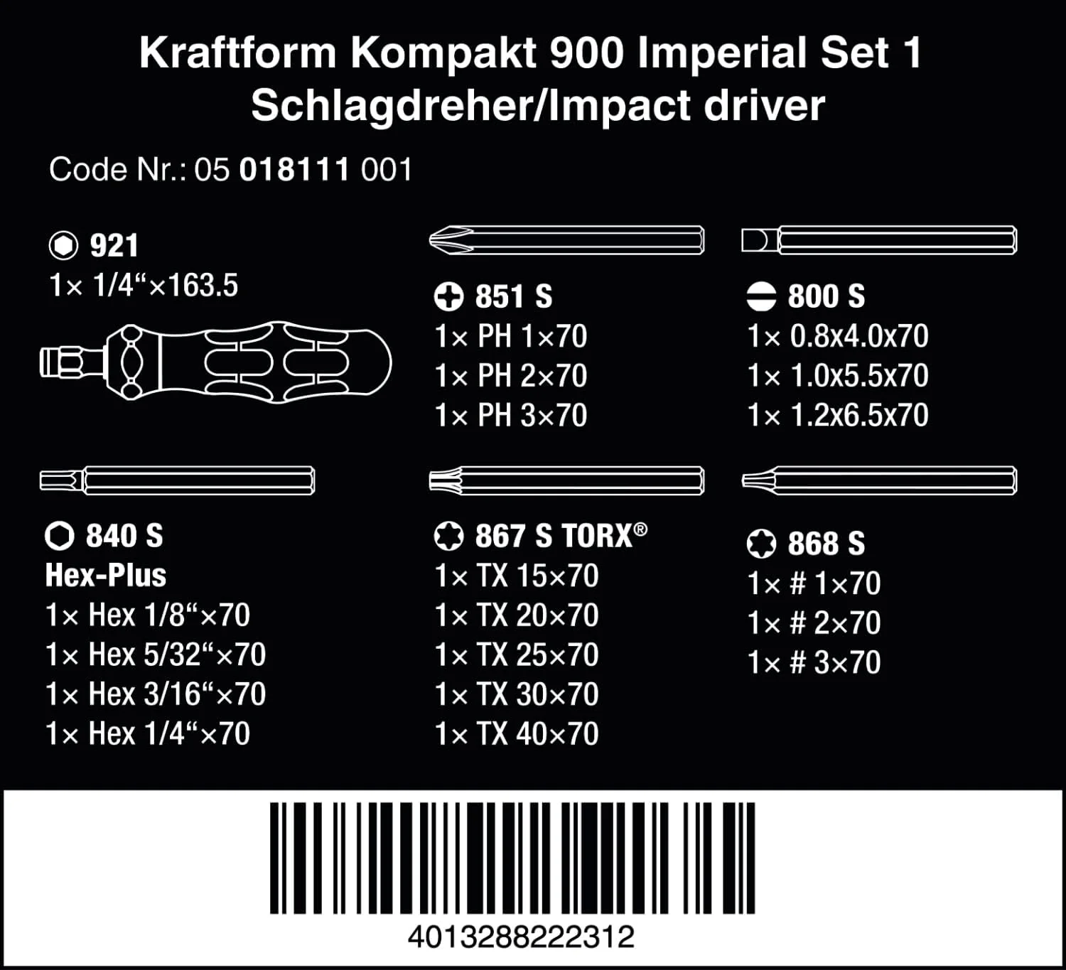 Wera Tools (05018111001) Kraftform Kompakt 900 Imperial Set 1, Impact Screwdriver Set, 19 Pieces - Image 3