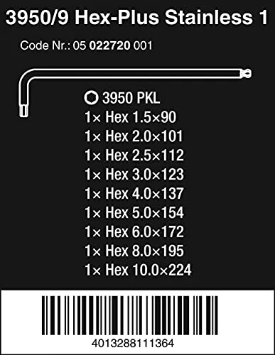 Wera Tools Hex-Plus Stainless Key Set 3950 PKL/9 High Torque with Ball-end, Metric Long 1.5 mm-10 mm, 9-Piece - Image 3