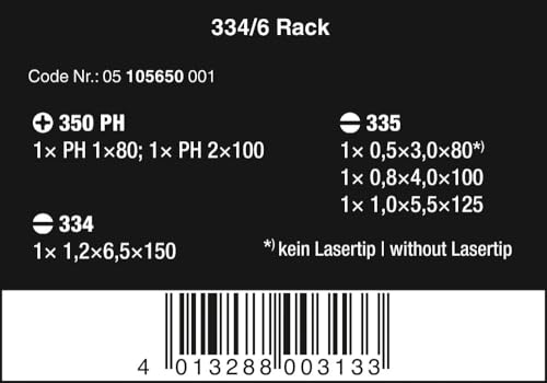 Wera - 5105650001 Kraftform Plus 334/6 Screwdriver Set with Rack and Lasertip, 6-Pieces, Multicolor, Slotted: 6.5x150mm, 3x80mm, 4x100mm, 5.5x125. Phillips: PH1x80, PH2x100 - Image 2
