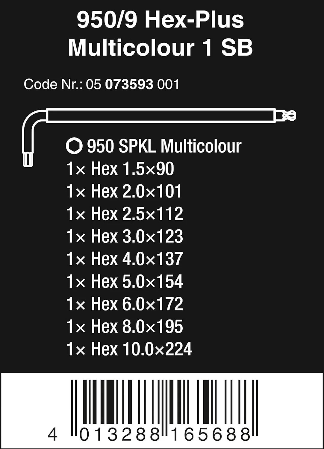 Wera Tools (05073593001) 950 SPKL/9 SM N SB Long ARM HEX Key Set - Image 2
