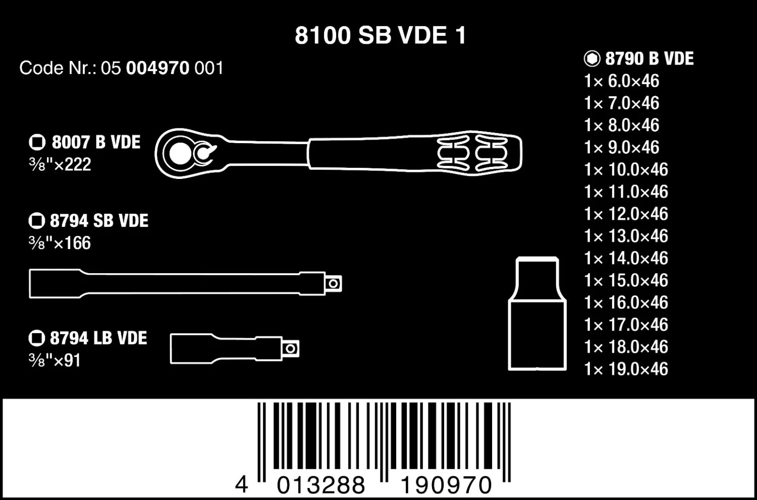 Wera Tools 17 Piece 8100 SB VDE 1 Zyklop Ratchet Set, Insulated, Switch Lever, 3/8" Drive, Metric - 05004970001 - Image 3