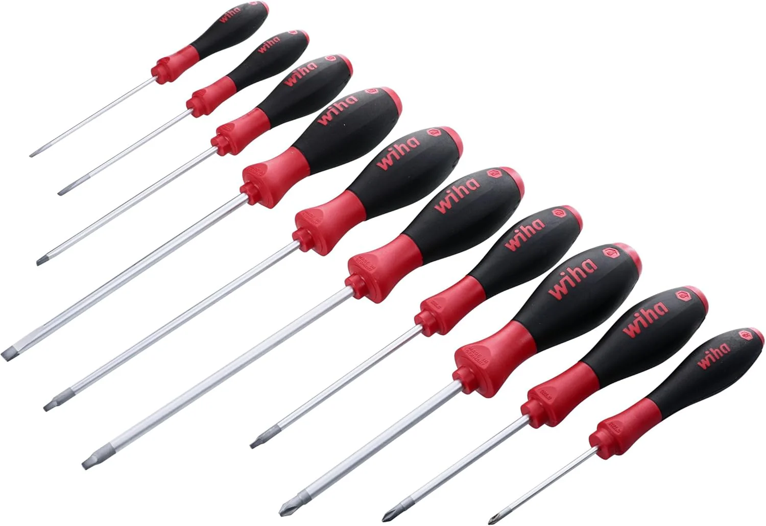 Wiha 30290 SoftFinish Grip ScrewDriver Set, Slotted 3.0-6.5, Phillips Number 0 -2 and Square Number 1-3, 10-Piece Set