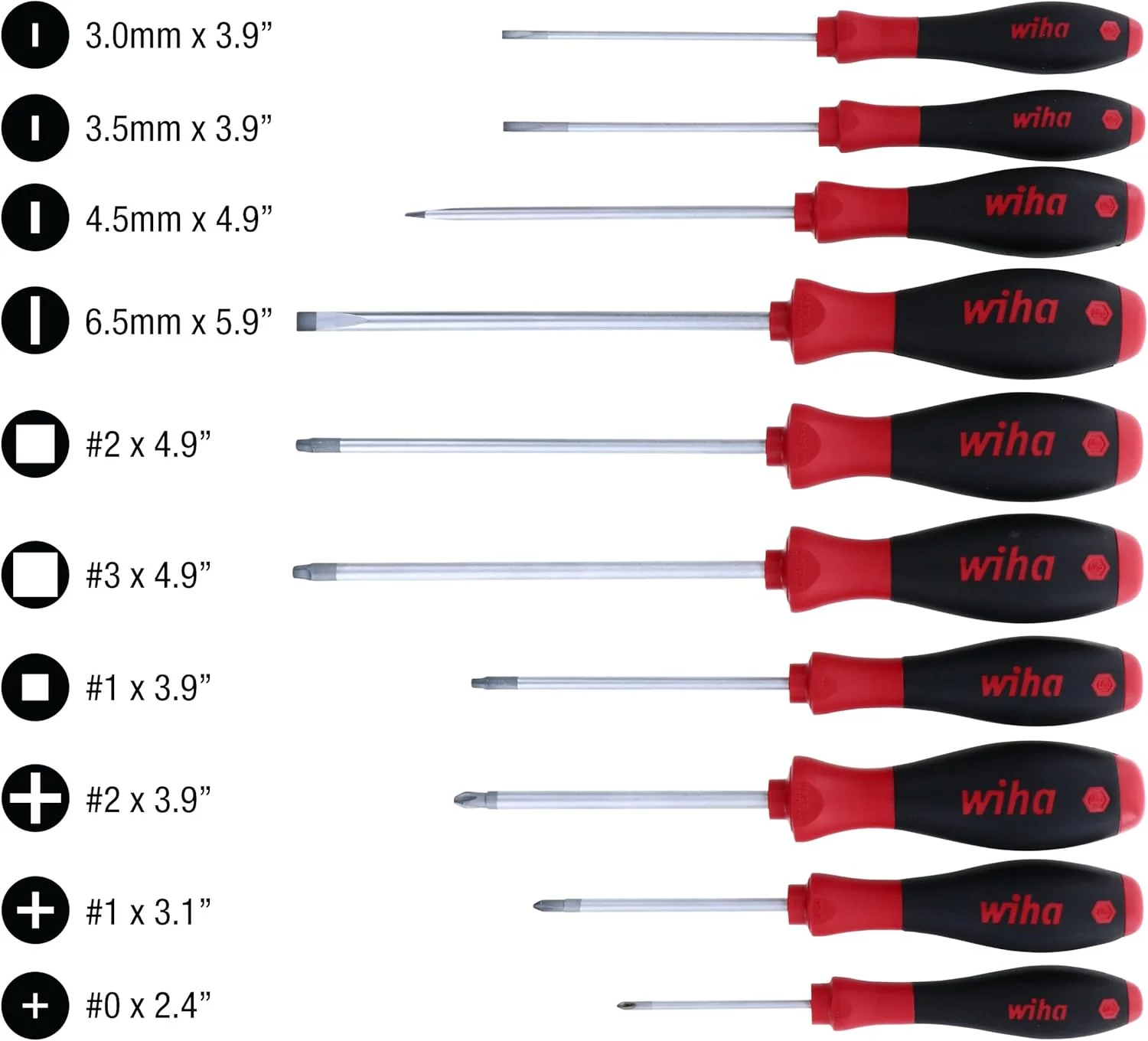 Wiha 30290 SoftFinish Grip ScrewDriver Set, Slotted 3.0-6.5, Phillips Number 0 -2 and Square Number 1-3, 10-Piece Set - Image 4
