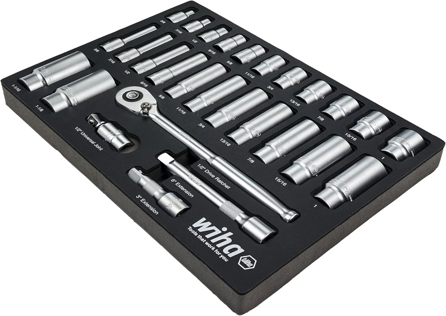 Wiha 33896 28 Piece 1/2" Drive Professional Standard and Deep Socket Tray Set - SAE - Image 2