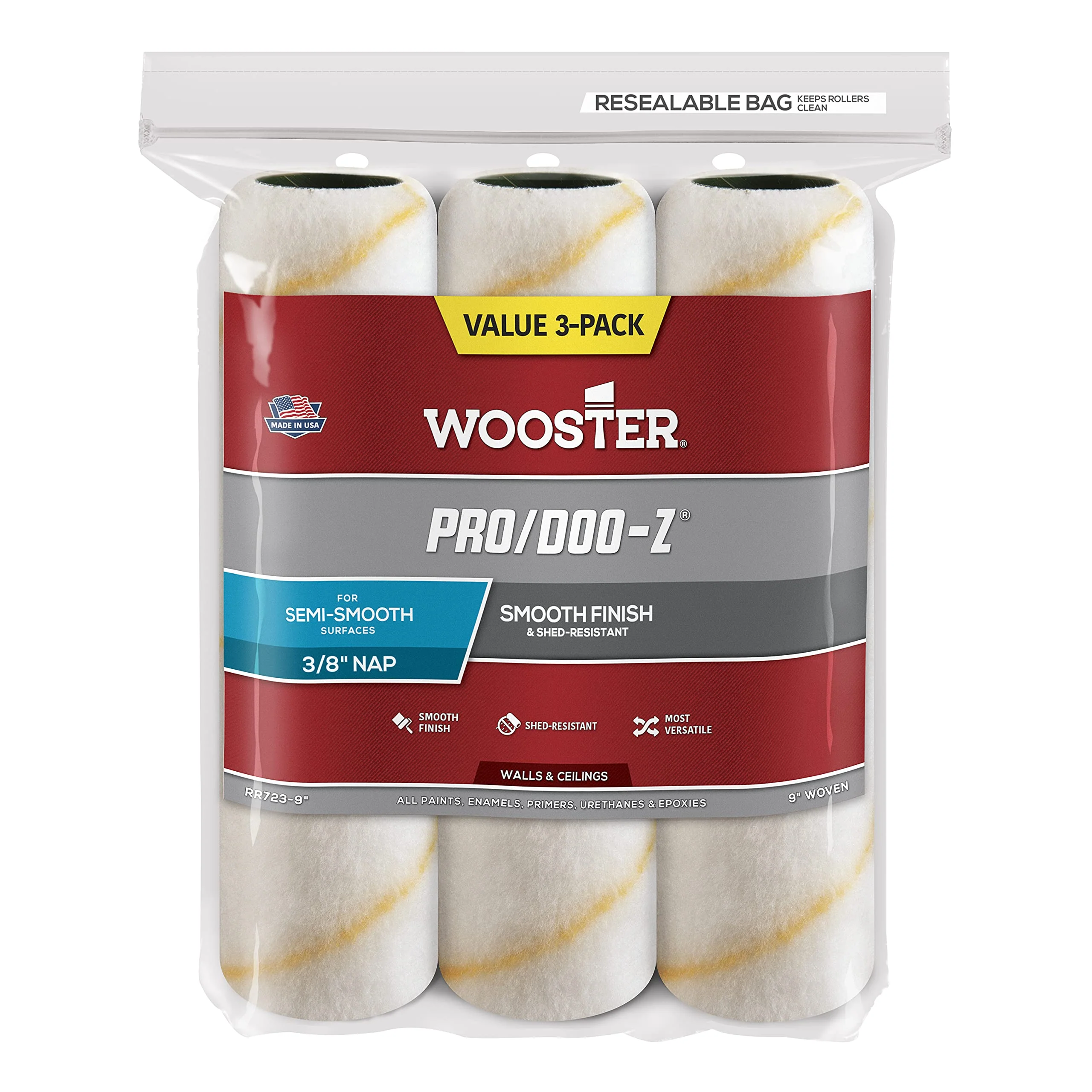 Wooster Brush RR723-9 Pro/Doo-Z Roller Cover 3/8-Inch Nap, 9-Inch