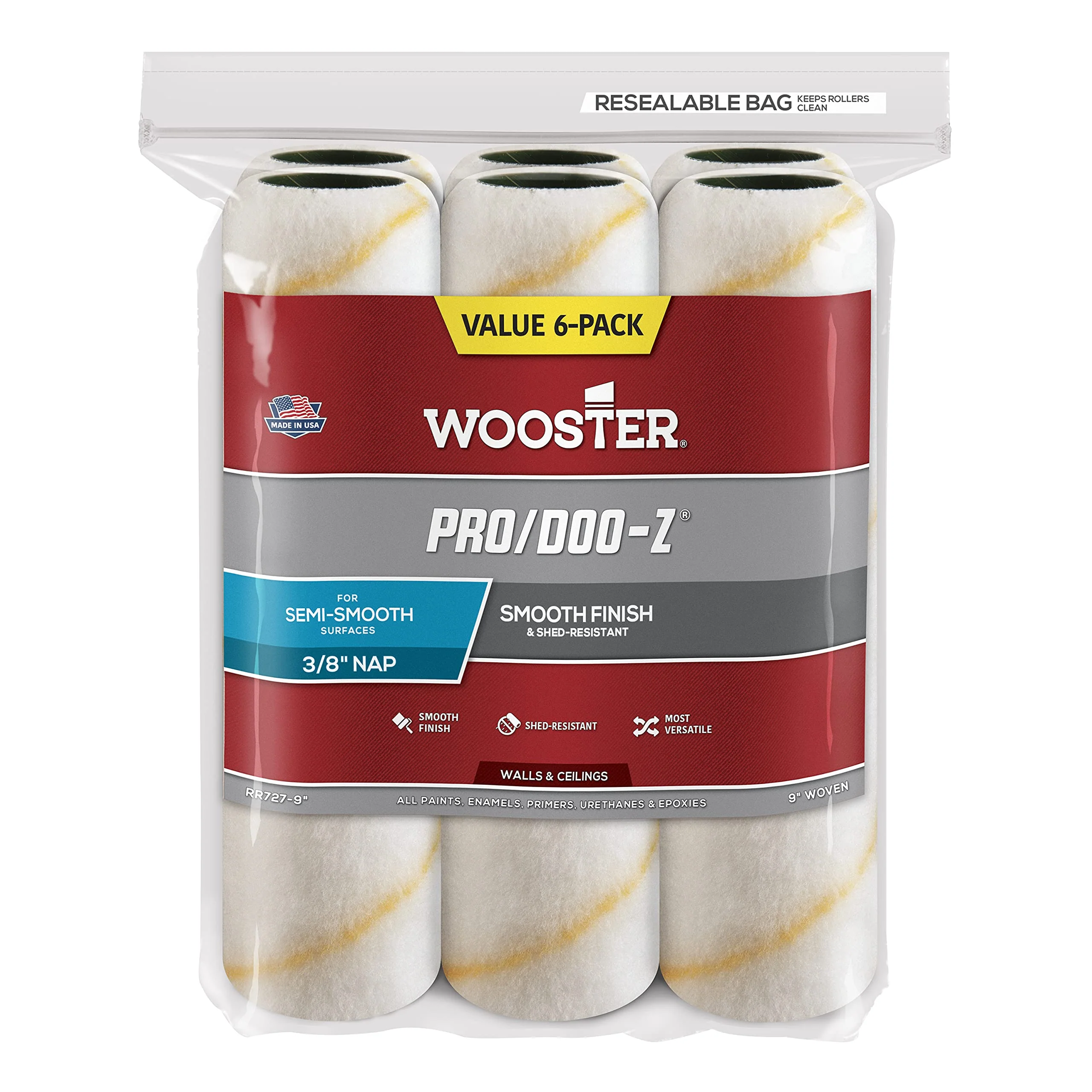 Wooster Brush RR727-9 Pro/Doo-Z Nap Rollers, 3/8-Inch, 6-Pack , White 1