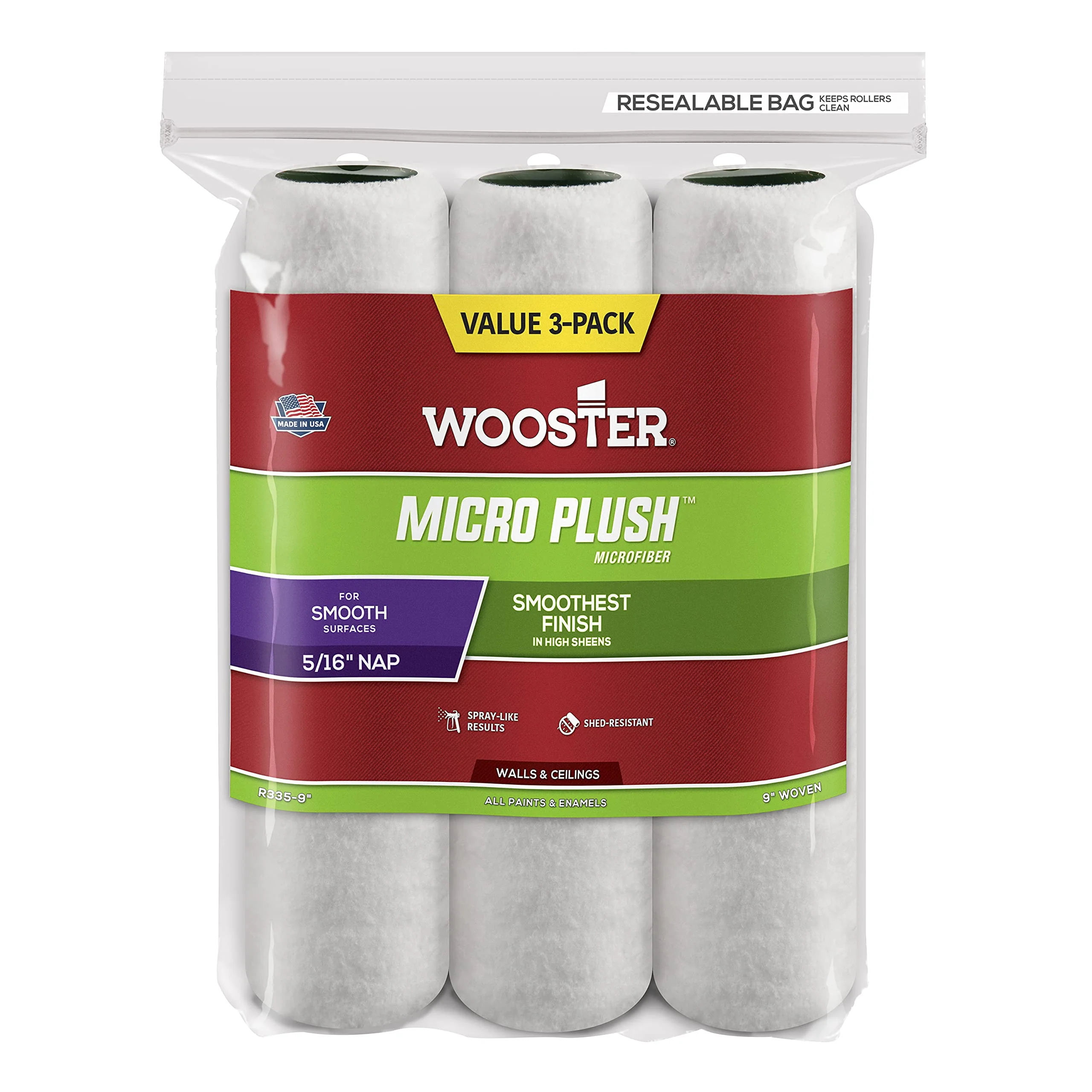Wooster R335-9 Micro Plush Roller Cover with 5/16" Nap (3 Pack), 9 inches, White