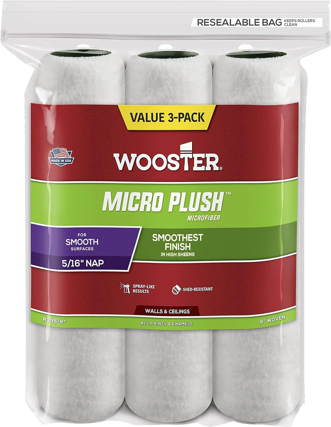 Wooster R335-9 Micro Plush Roller Cover with 5/16" Nap (3 Pack), 9 inches, White - Image 2