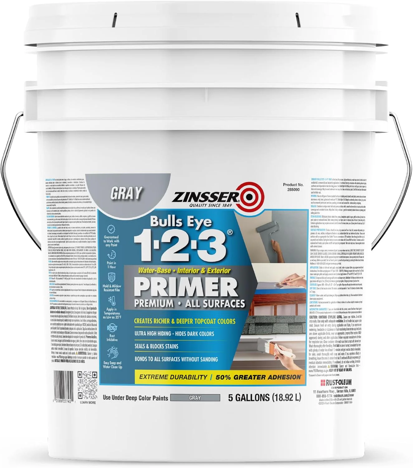Zinsser 285090 Bulls Eye 1-2-3 All Surface Primer, 5 Gallon, Gray - Image 2