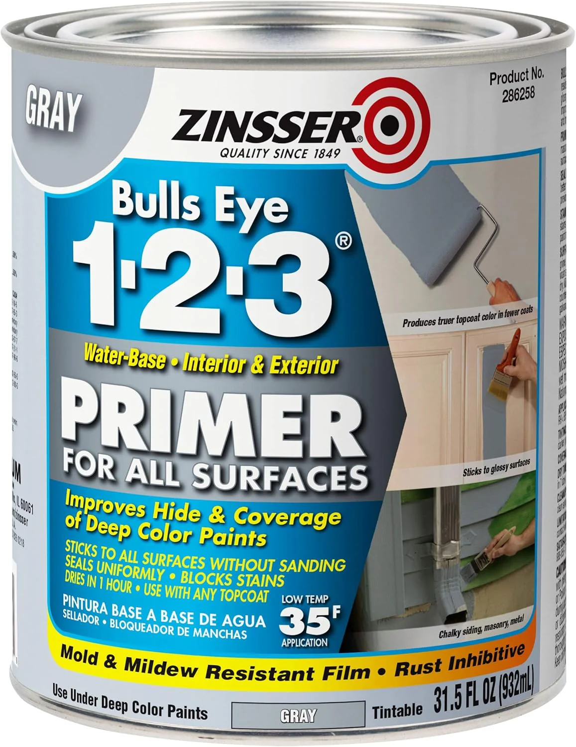 Zinsser 286258 Bulls Eye 1-2-3 All Surface Primer, Quart, Gray